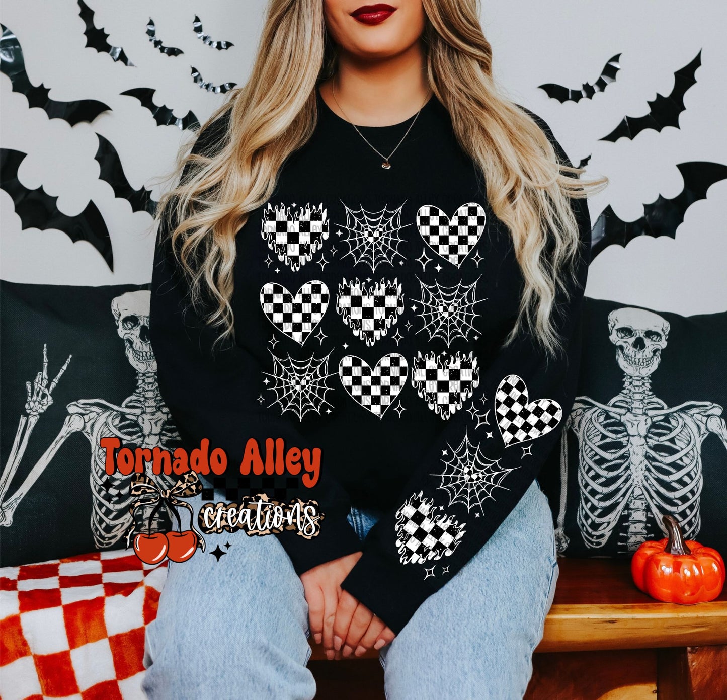 Black Checkered Hearts Crewneck