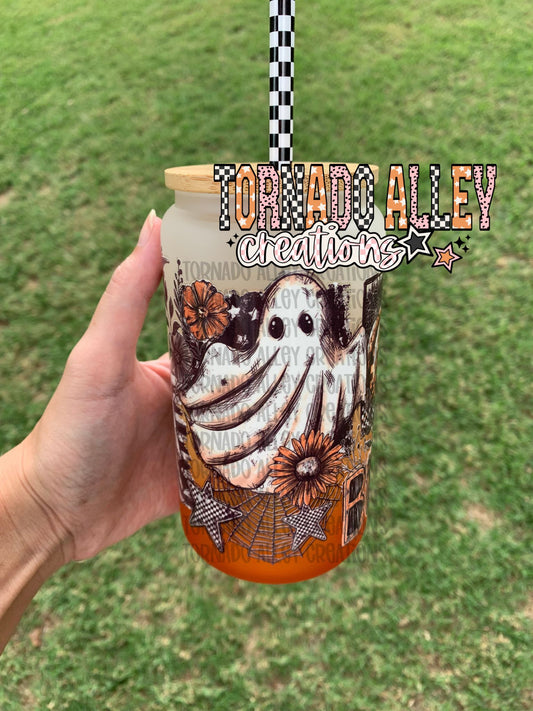 Spooky Vintage Ghost 16oz Glass Can